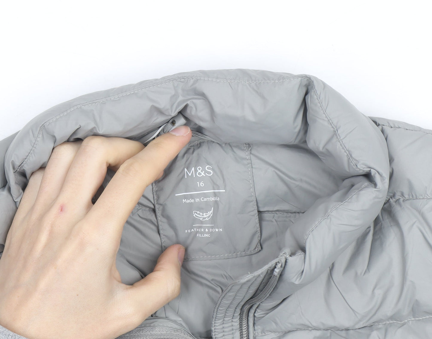 Marks and Spencer Women’s Grey Puffer Jacket Size 16 Full Zip Down