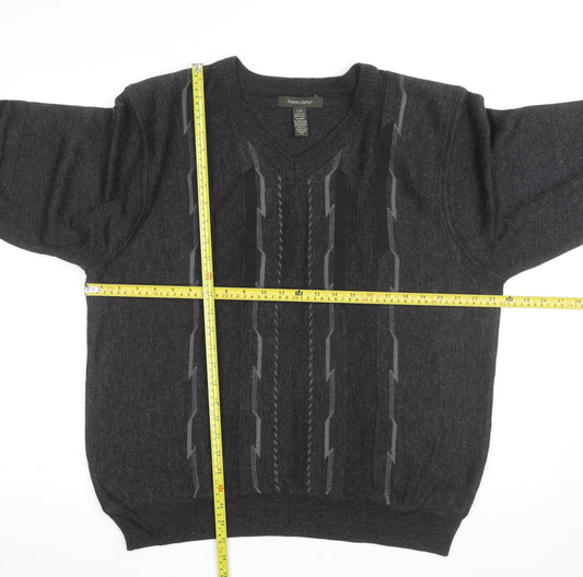 Pronto Uomo Men's Grey V-Neck Geometric Knit Wool Blend Jumper L