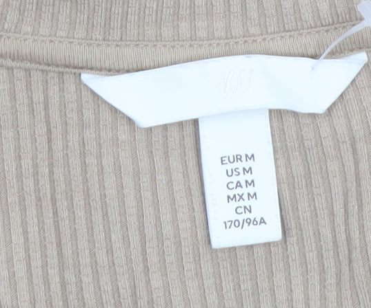 H&M Women Beige Collared Ribbed Cropped Long Sleeve Top Size 12