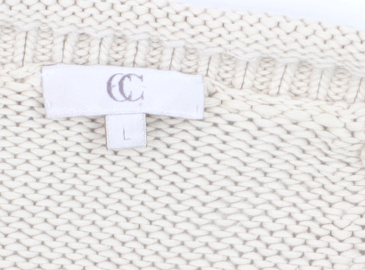 CC Women’s Beige Linen Cotton Short Sleeve Cable Knit Open Cardigan L