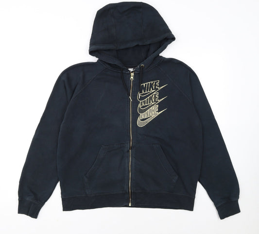 Nike Womens Black Full Zip Hoodie Small Cotton Blend Logo Print