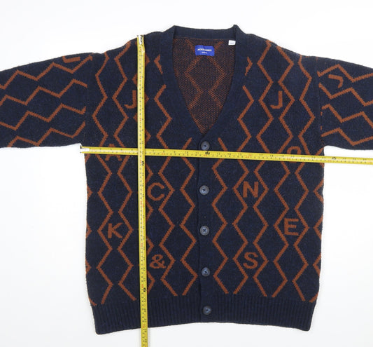 Jack & Jones Men's Blue Geometric Knit Cardigan M