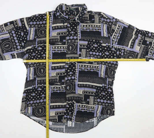 Radizion Men’s Black Geometric 90s Retro Long Sleeve Button-Up Shirt 2XL