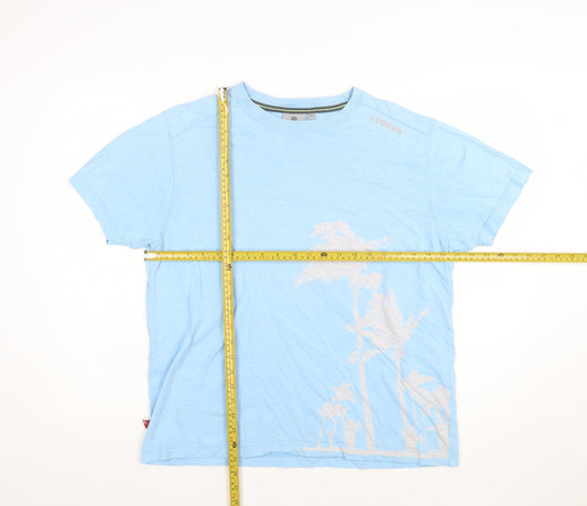 TOG24 Men's Blue Cotton Beach Graphic Crew Neck T-Shirt Medium