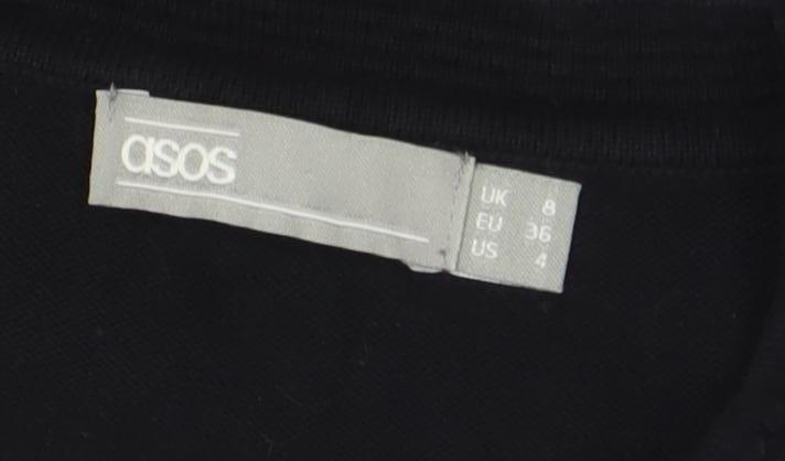 Brand and care label for ASOS Women’s Black Knit A-Line Dress, size UK 8, 3/4 Sleeve Crew Neck