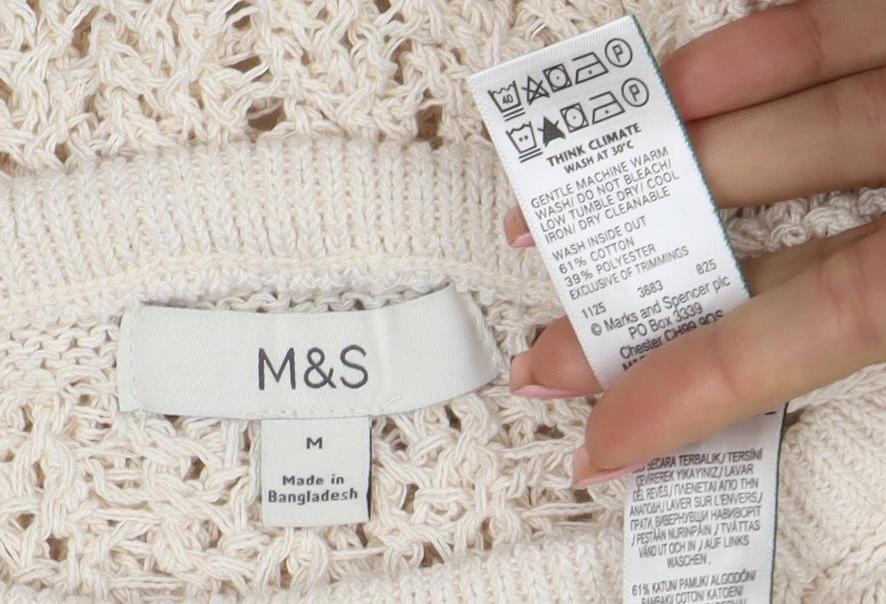 Marks and Spencer Women Beige Open Knit Short Sleeve Jumper M