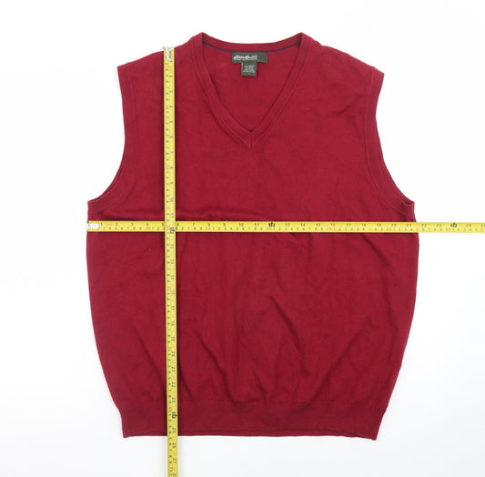 Eddie Bauer Men Red Cotton V-Neck Sleeveless Vest Jumper L