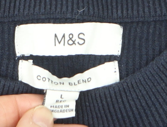 Marks and Spencer Men's Blue Striped Cotton Blend Crew Neck Jumper L