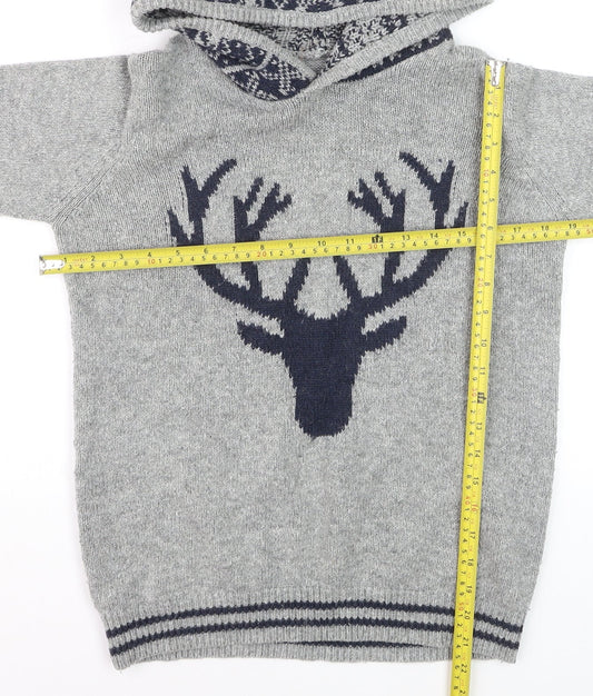 FatFace Boys Grey Hooded Deer Knit Jumper 12-13 Years Cotton Blend Winter