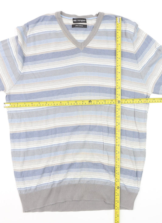 Marks and Spencer Autograph Men's Blue Striped Cotton V-Neck Jumper L