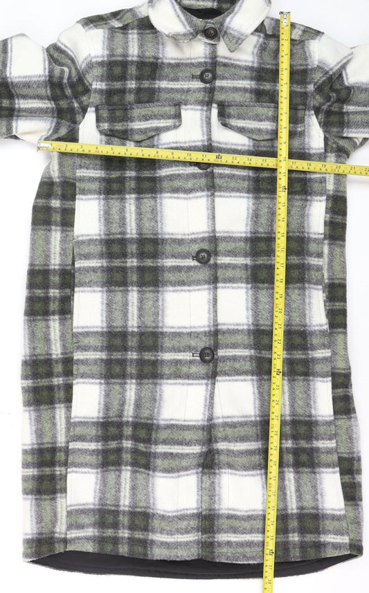 H&M Men’s Grey Check Long Overcoat Size S Polyester Button-Up