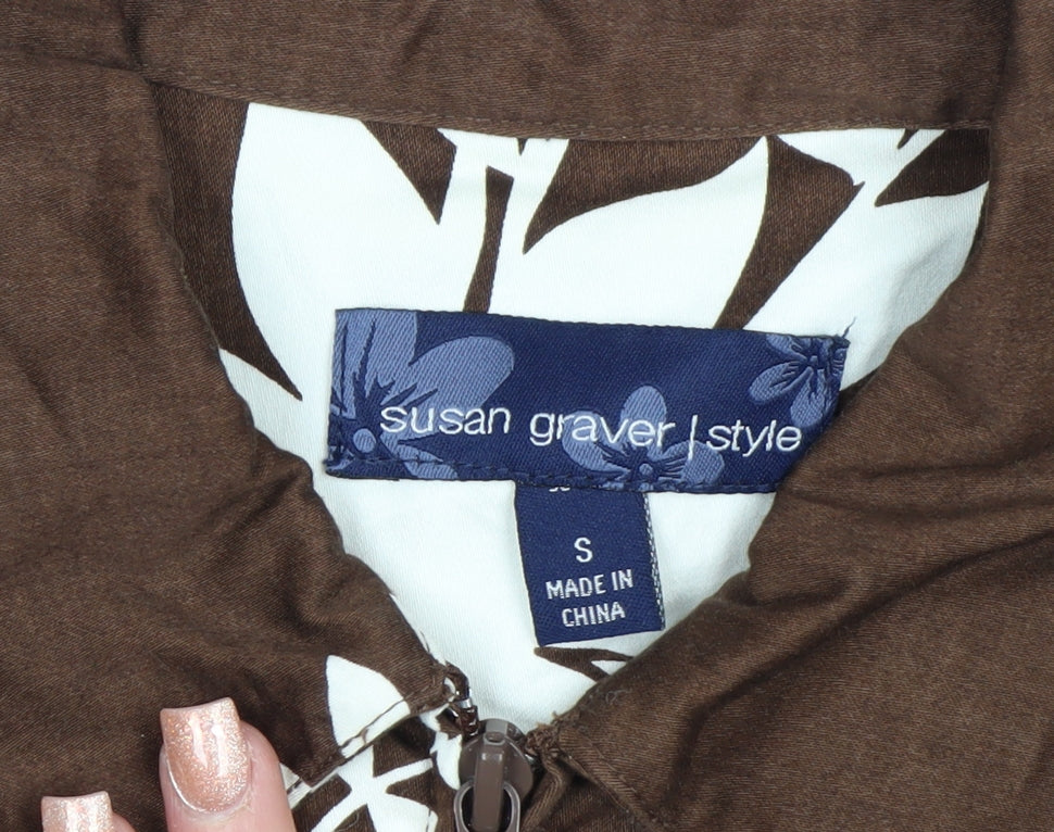 Susan Graver Women’s Brown Floral Zip Jacket Size S Cotton Blend