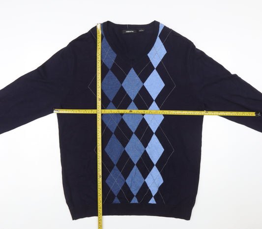 Claiborne Men's Blue Argyle V-Neck Cotton Jumper Size L