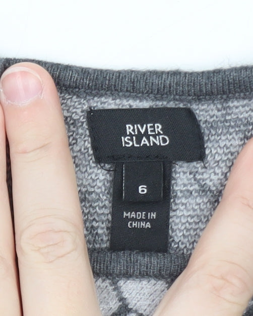 River Island Women Grey Knit Geometric Tank Top Size 6 V-Neck