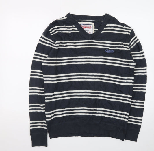 Superdry Men's Blue Striped V-Neck Cotton Jumper Size M