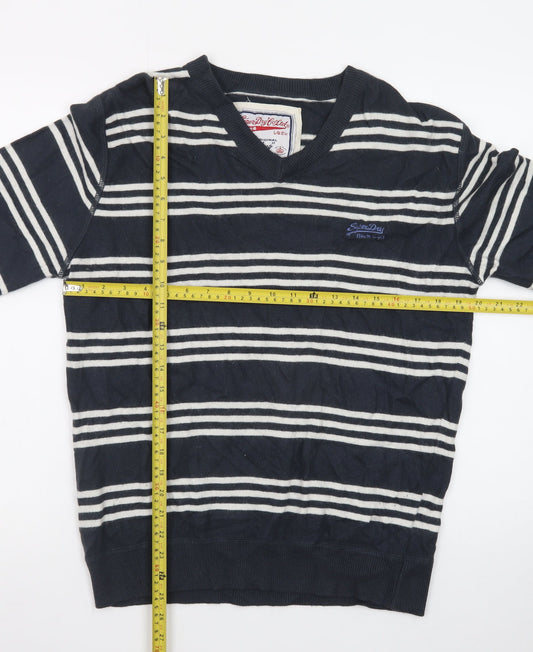 Superdry Men's Blue Striped V-Neck Cotton Jumper Size M