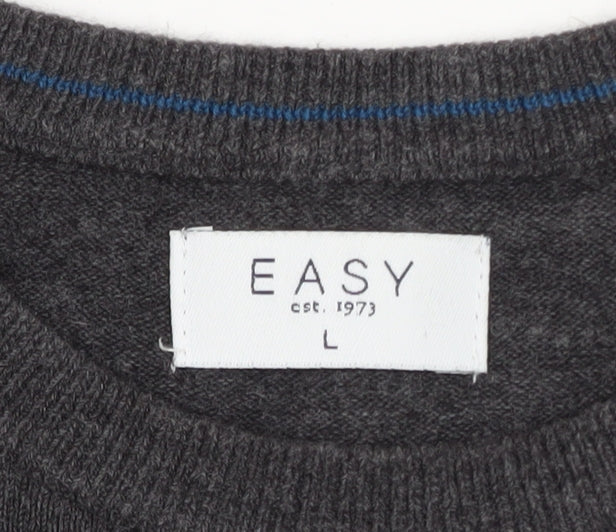 EASY Men Grey Wool Crew Neck Pullover Jumper Size L