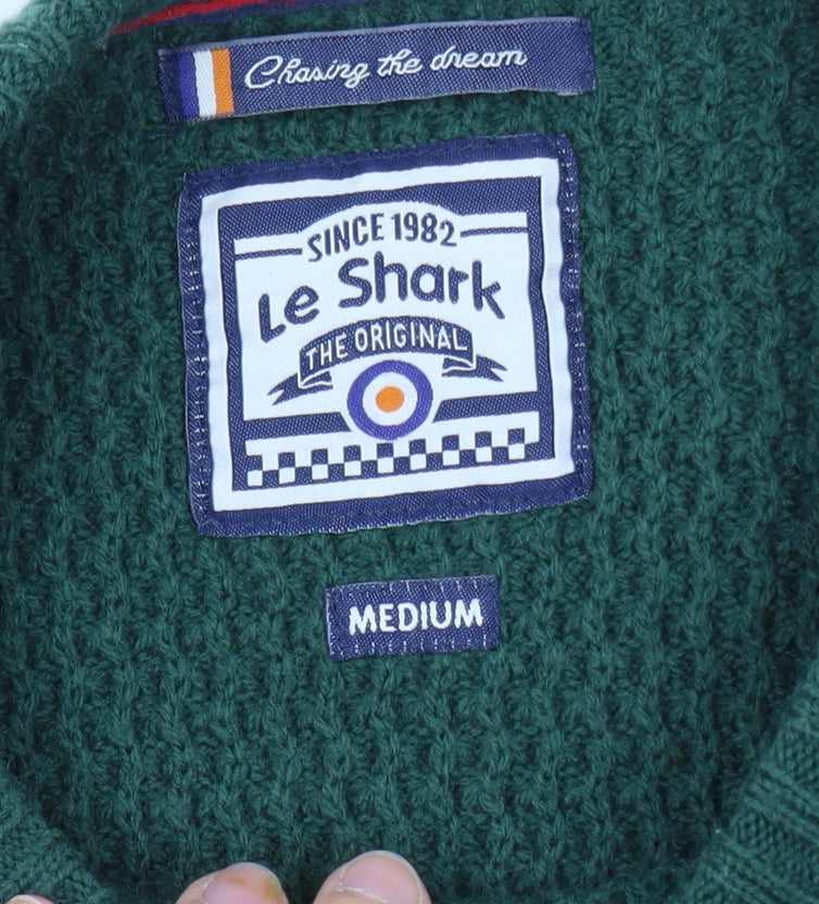 Le Shark Men's Green Black Striped Chunky Knit Jumper Medium