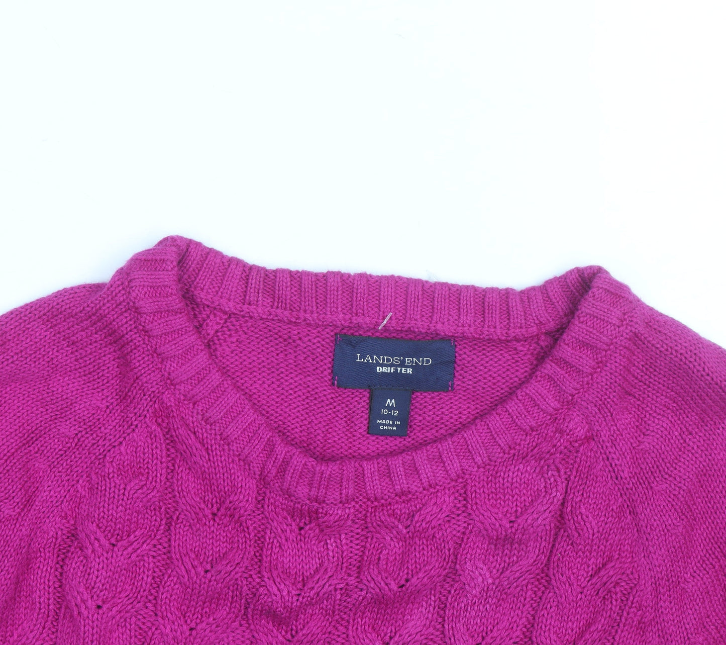 Lands' End Women's Pink Cable-Knit Cotton Jumper M 10-12 Crew Neck