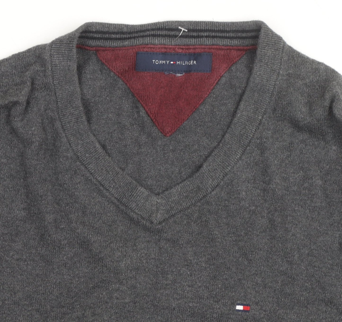 Tommy Hilfiger Men's Grey V-Neck Cotton Jumper Size M