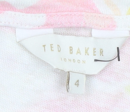 Ted Baker Women’s Multicoloured Floral Linen Blend V-Neck T-Shirt Size 14