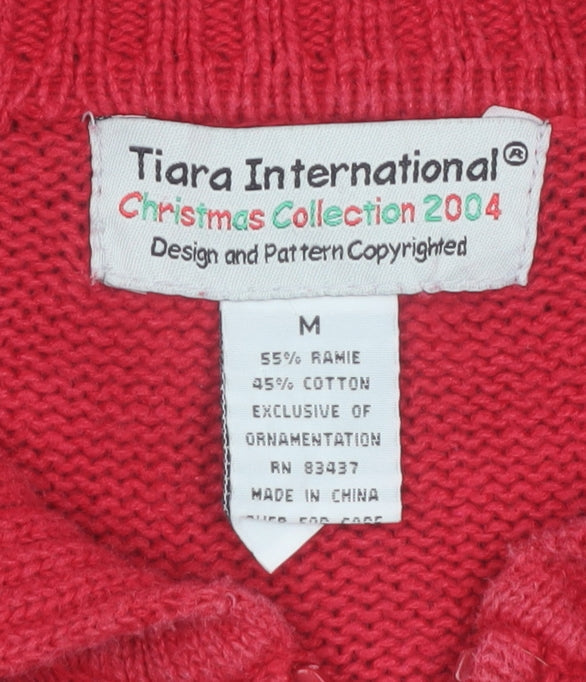 Tiara International Women Red M Christmas Cardigan Full Zip Snowman