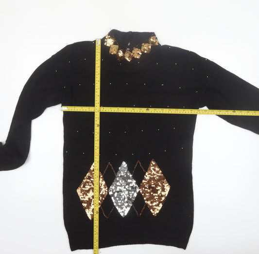 Marnie West Womens Black Sequin Argyle Vintage Silk Blend Jumper L