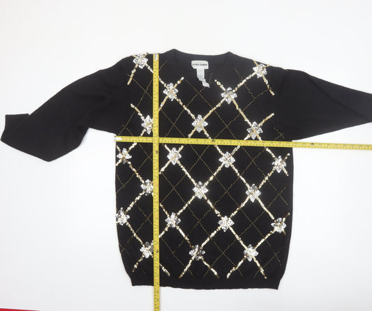 Alfred Dunner Womens Black Sequin Argyle Knit Jumper Size L