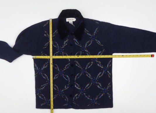 Talbots Womens Blue Wool Angora Embroidered Collared Cardigan L