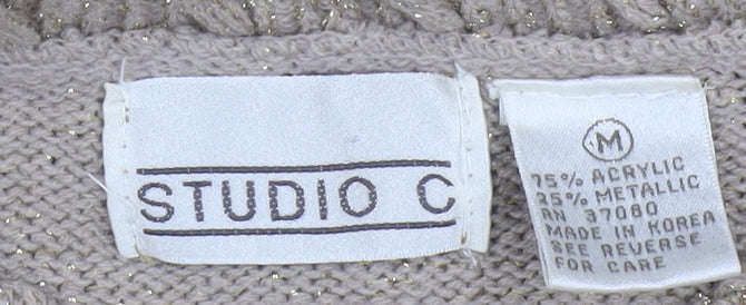 Studio C Women's Beige Metallic Knit Pullover Jumper M