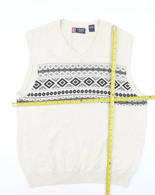 Chaps Men's Ivory Fair Isle Cotton V-Neck Sleeveless Jumper Vest L