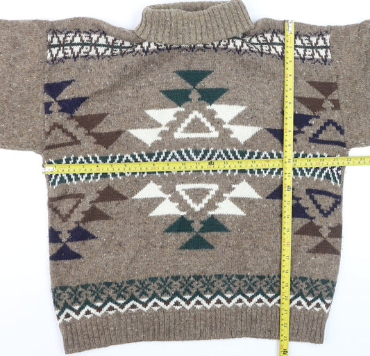 Christopher & Banks Men's Brown Aztec Wool Blend Roll Neck Jumper Size S