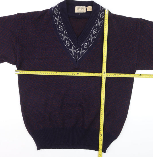 Grass Roots Men's Blue Wool Blend V-Neck Geometric Knit Jumper M