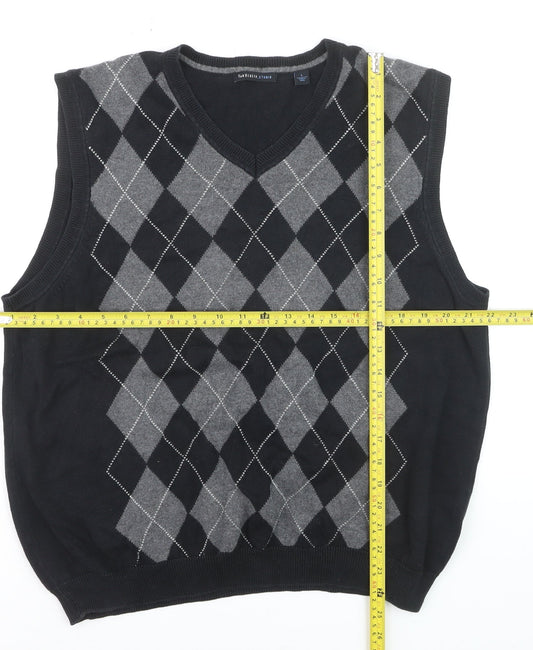 Van Heusen Men’s Black Argyle V-Neck Cotton Vest Jumper L