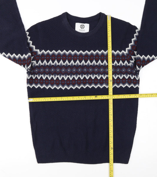 Nordam Men's Blue Fair Isle Knit Crew Neck Jumper Size M