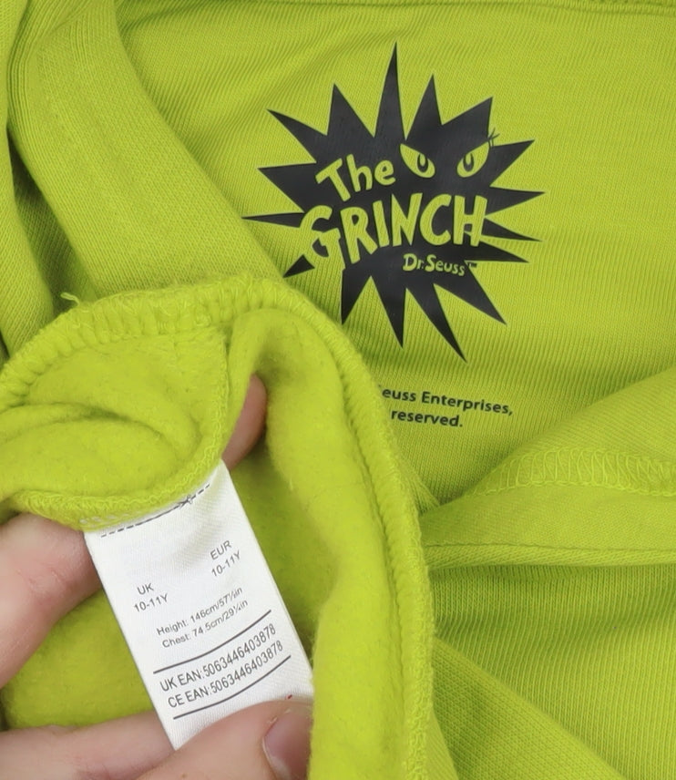 Brand and care label for The Grinch boys’ green hoodie 10-11 years pullover christmas graphic print
