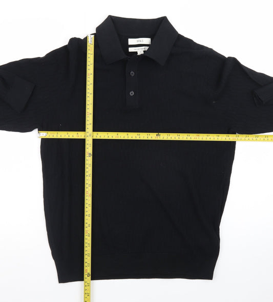 Marks and Spencer Men's Black Cotton Modal Long Sleeve Polo M
