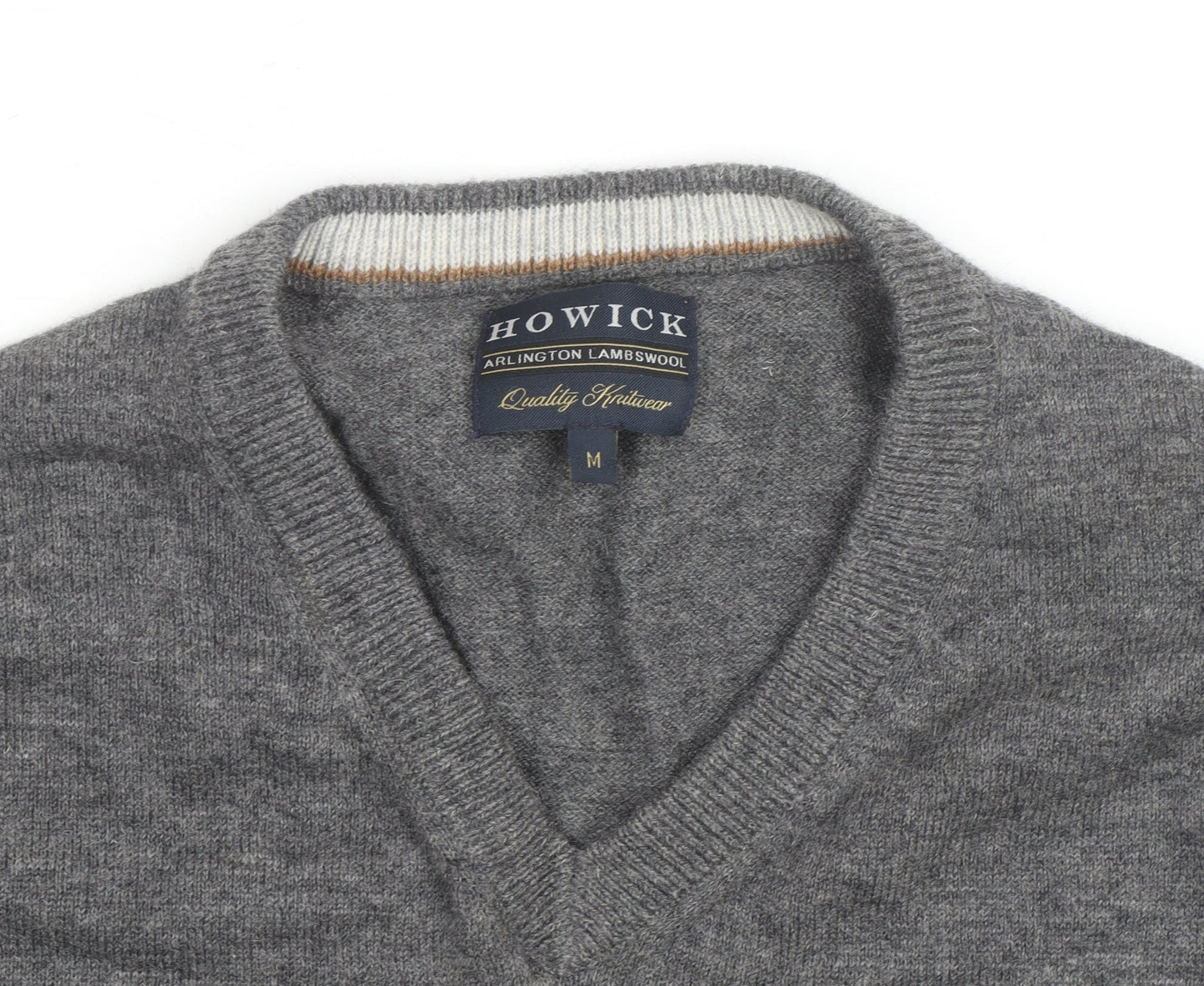 Howick Mens Grey Wool V-Neck Jumper Size M Lambswool Knitwear
