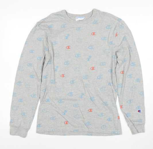 Champion Women's Grey Long Sleeve Cotton Logo T-Shirt Small