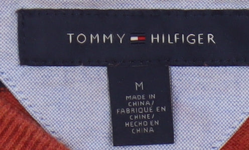 Tommy Hilfiger Men's Red Striped V-Neck Cotton Jumper Size M