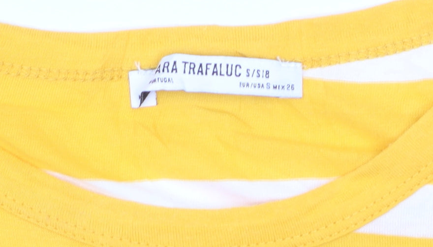 Zara Trafaluc Women's Yellow Striped Cropped Cotton T-Shirt S