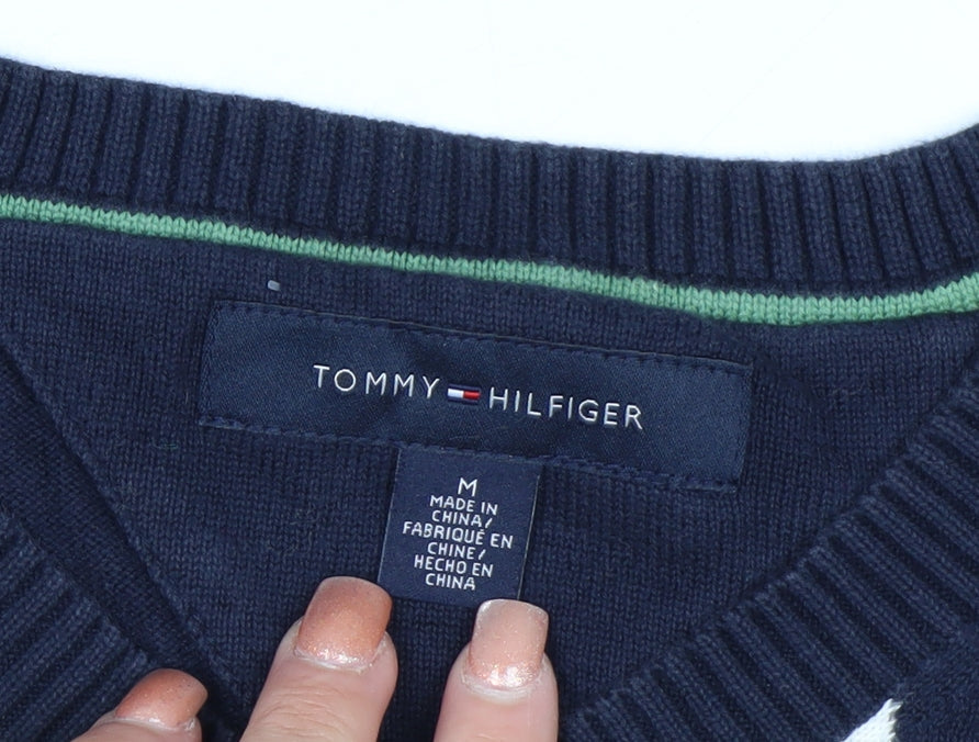Tommy Hilfiger Men's Blue Argyle Cotton V-Neck Jumper Size M