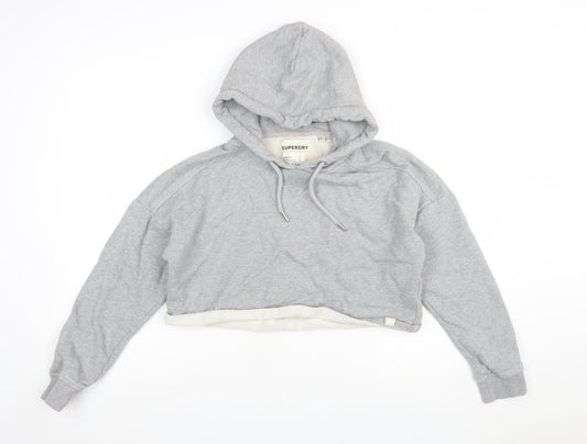 Superdry Womens Grey Cropped Hoodie UK 10 Pullover Hooded Sweatshirt