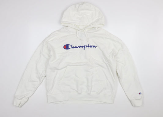 Champion Mens White Pullover Hoodie L Logo Athletic Fleece Sweatshirt