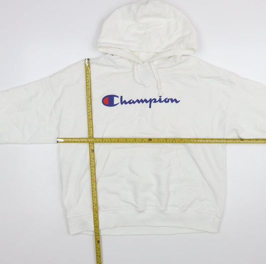 Champion Mens White Pullover Hoodie L Logo Athletic Fleece Sweatshirt