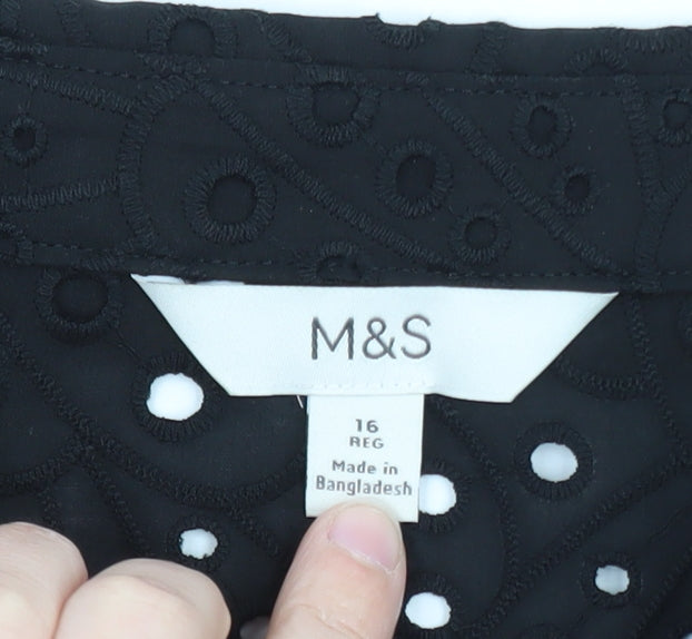 Marks and Spencer Women's Black Cotton Embroidered Short Sleeve Tunic Blouse Size 16