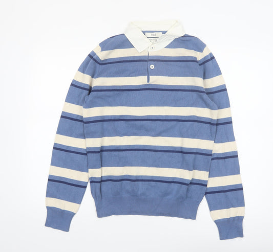 Marks and Spencer Men's Blue Striped Long Sleeve Cotton Polo S