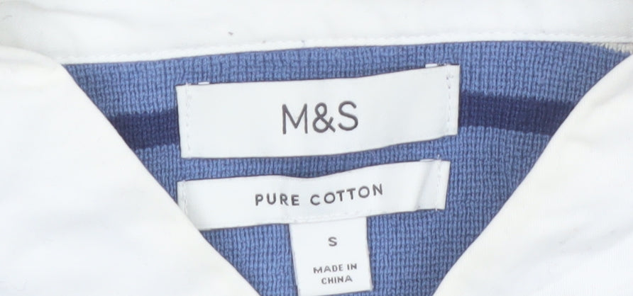 Marks and Spencer Men's Blue Striped Long Sleeve Cotton Polo S