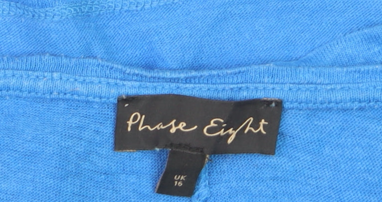 Phase Eight Women's Blue Linen Relaxed Fit 3/4 Sleeve T-Shirt UK 16