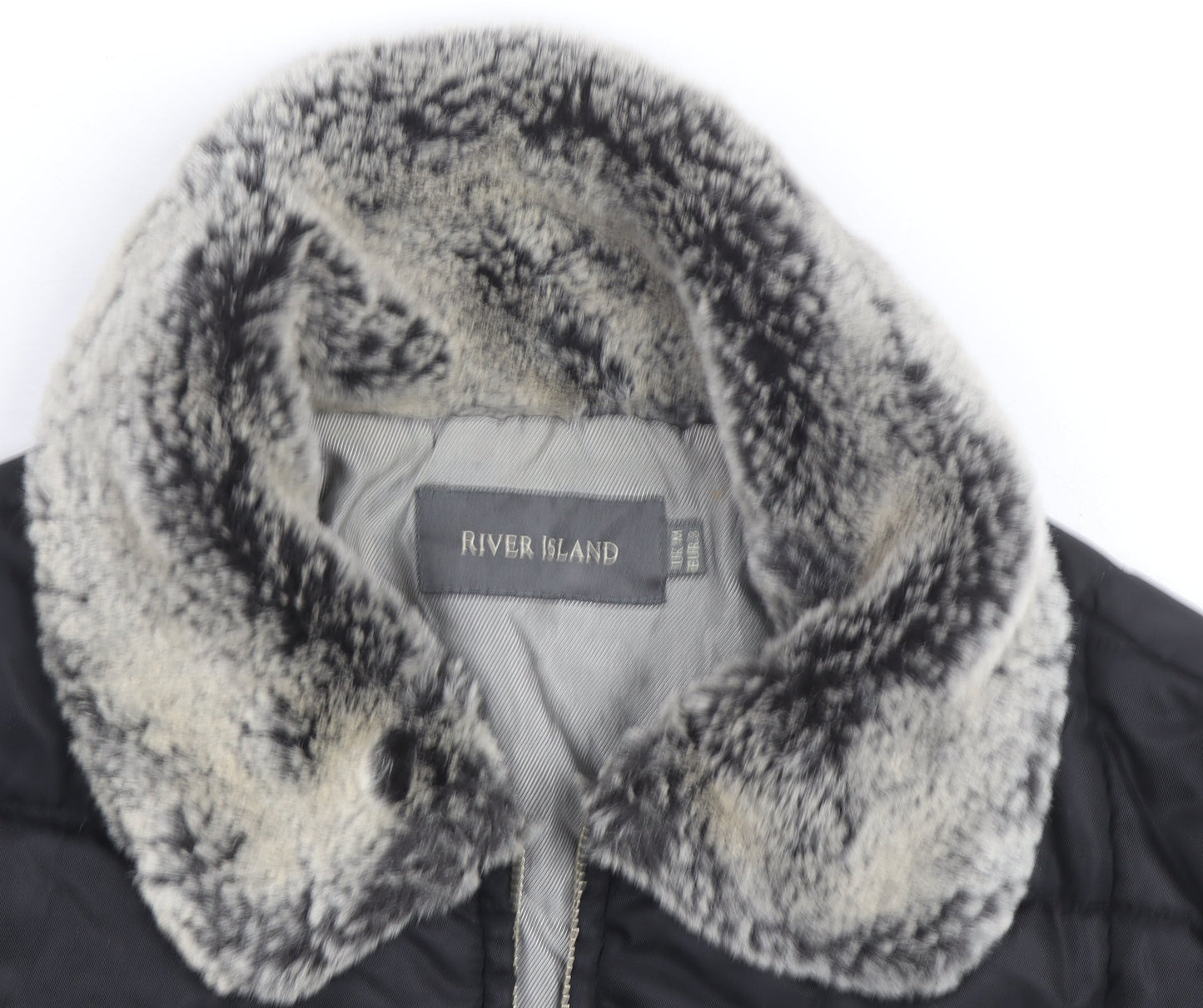River Island Women Black Faux Fur Collar Quilted Jacket Size 10